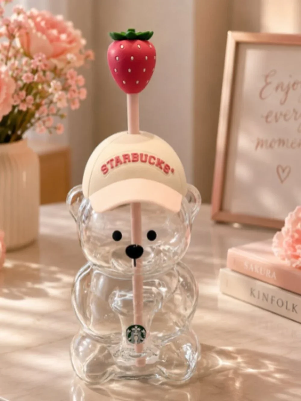 Starbucks Bearista Bear Cup Tumblers W/ Strawberry Topper Baseball Cap